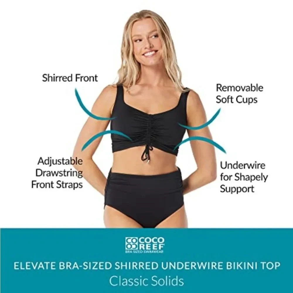 Coco Reef Elevate Bra Sized Shirred Front Underwire Bikini Top Modest Black Swim